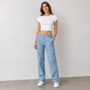 St. John Sport Cargo Pants Womens Sz 4 Light Blue Straight Leg High Rise Stretch